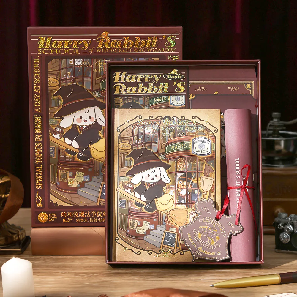 【精裝禮品】哈利兔魔法學院手帳禮盒組(裝飾素材套裝組 日記本 記事本 萬用卡片 學生 兒童 生日禮物)
