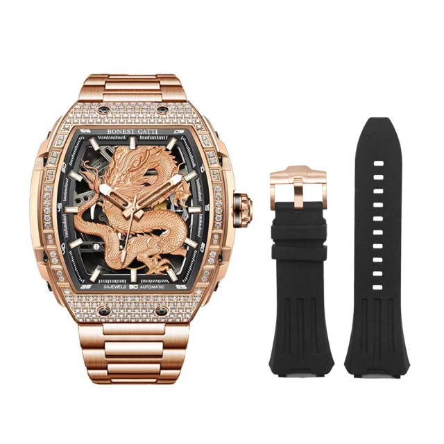 BONEST GATTI 布加迪 生肖龍年 玫瑰金晶鑽 酒桶造型 不鏽鋼錶帶 機械手錶 贈原廠氟橡膠錶帶(BG5605-A4)