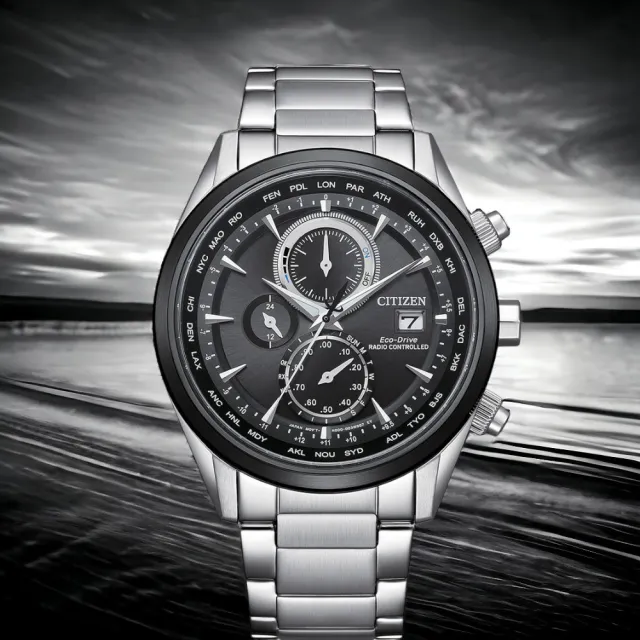 【CITIZEN 星辰】Eco-Drive 光動能 計時腕錶 男錶 手錶 藍寶石 畢業 禮物(AT8266-89E 黑色)