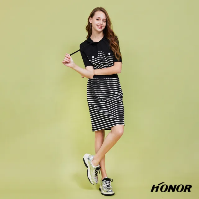 【HONOR 山形屋】出清品 彈性連帽鈕釦寬版收腰條紋洋裝(限定出清)
