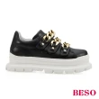 【A.S.O 阿瘦集團】BESO 牛皮搭配時尚鍊條黏帶厚底休閒鞋(黑)