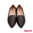 【A.S.O 阿瘦集團】BESO 牛皮鉚釘沖孔百搭尖頭平底鞋(黑)