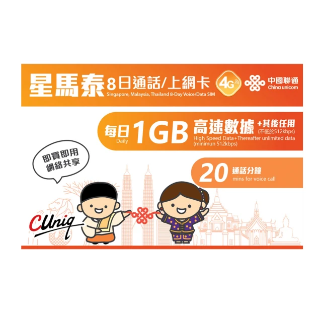 中國聯通 星馬泰上網卡8日8G(每日1G降)