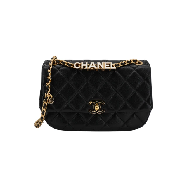 CHANEL 香奈兒 琺瑯logo皮穿鍊羊皮斜背口蓋包(AS4740-黑)