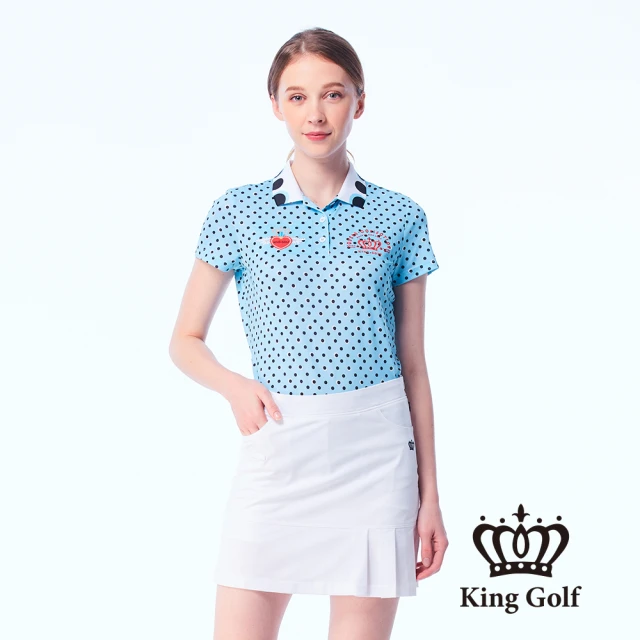 KING GOLF 實體同步款-女款小圓點印花LOGO撞色涼感短袖POLO衫/高爾夫球衫(藍色)