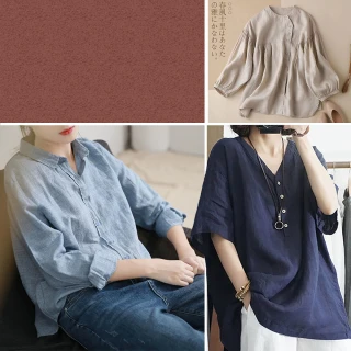 【JILLI-KO】慢生活-復古棉麻寬鬆色織細格T恤上衣紋襯衫-F(多款任選)