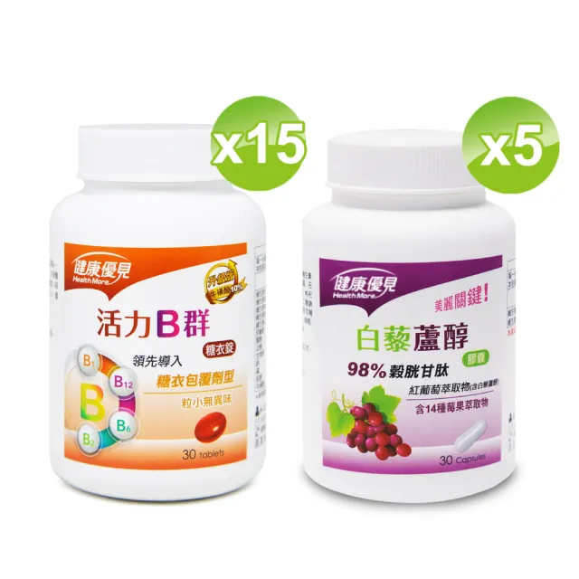 【健康優見】活力B群糖衣錠x15瓶(30粒/瓶)+贈白藜蘆醇膠囊x5瓶(30粒/瓶)-永信監製