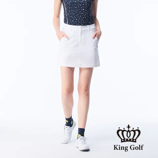 【KING GOLF】網路限定款-女款KG刺繡星星印圖素面修身A LINE短裙/高爾夫球裙(白色)