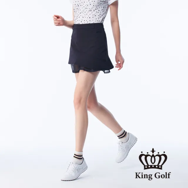 【KING GOLF】網路限定款-女款素面網布拼接立體刺繡修身A LINE短裙/高爾夫球裙(丈青)