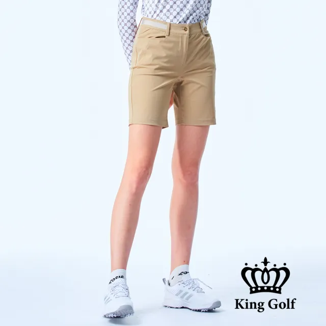 【KING GOLF】網路限定款-女款立體刺繡織帶拼接素面舒適修身休閒短褲/高爾夫球褲(卡其)