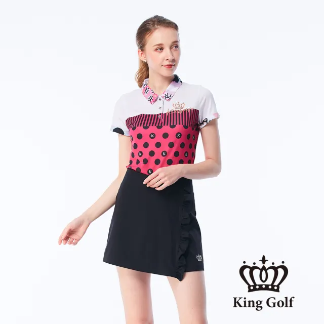 【KING GOLF】網路獨賣款-女款條紋圓圈印花LOGO印圖涼感短袖POLO衫/高爾夫球衫(桃紅)