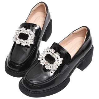 【Ann’S】名品方形鑽扣-漆皮QQ彈力舒適厚底粗跟樂福鞋6cm(黑)