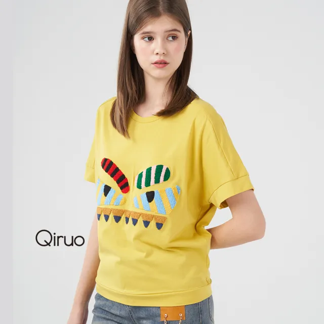 【Qiruo 奇若名品】春夏專櫃黃色上衣8767A 彩色圖案時尚女裝(黃色棉T時尚)