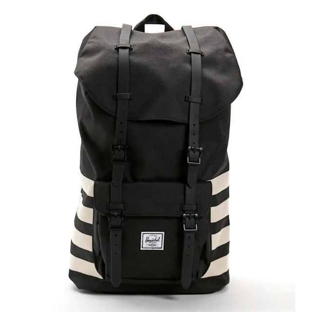 【Herschel】雙11 Little America 中型 黑色 側邊條紋 磁扣 橡膠帶 筆電夾層 大容量 帆布 背包