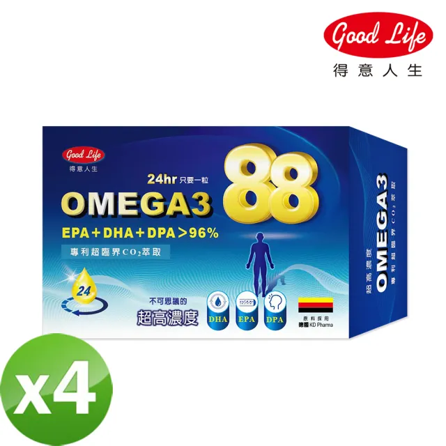 【得意人生】德國超高濃度OMEGA3 88 魚油軟膠囊四入組(30粒/盒)