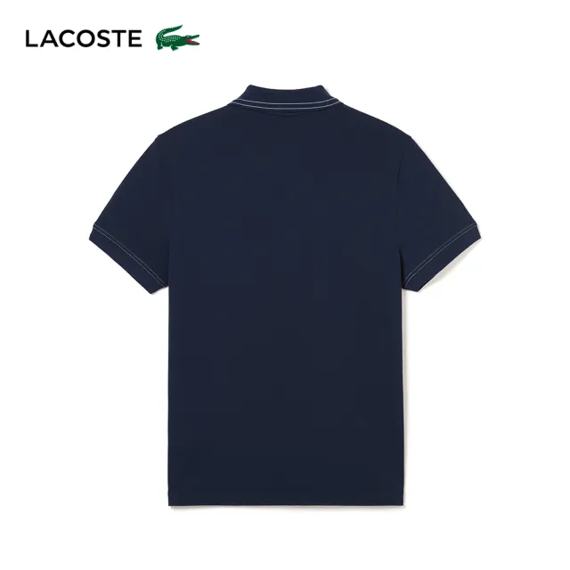 【LACOSTE】男裝-常規版型條紋領彈力網眼布Polo衫(海軍藍)