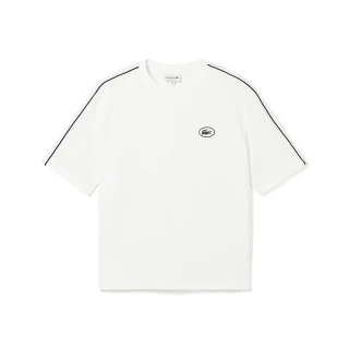 【LACOSTE】男裝-時尚肩飾條紋棉質短袖T恤(白色)