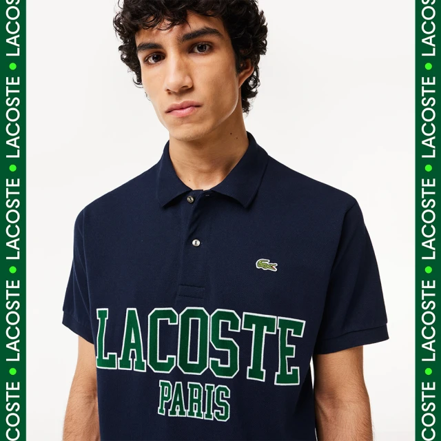 【LACOSTE】男裝-Original L.12.12植絨文字網眼部短袖Polo衫(海軍藍)