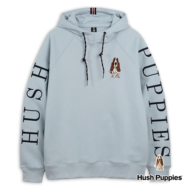 【Hush Puppies】男裝 帽T 連袖品牌英文繡花寬版帽T(灰藍 / 34102103)