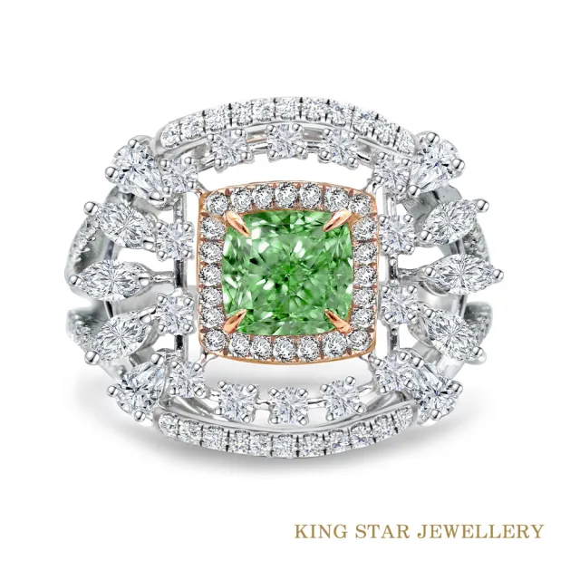 【King Star】GIA 一克拉 18K金 綠彩鑽石戒指(枕型花式車工)
