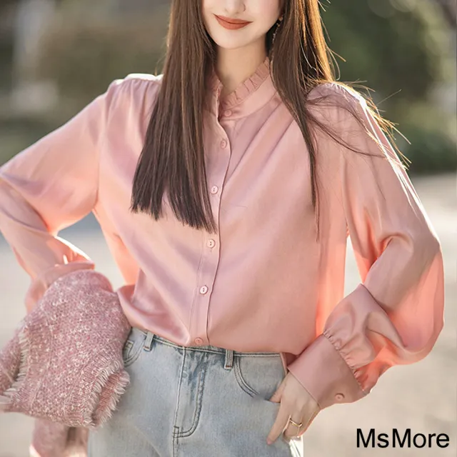 【MsMore】桃粉人氣絲質四季百搭長袖襯衫短版上衣#121210(粉紅)