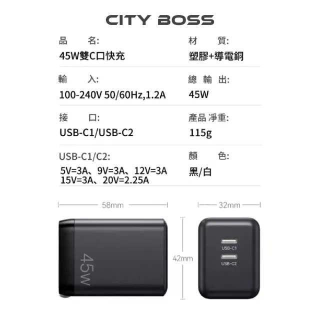 【CityBoss】45W GaN氮化鎵 PD兩孔充電頭 Type-C快充頭(適用 iPhone、Switch、Mac、iPad)