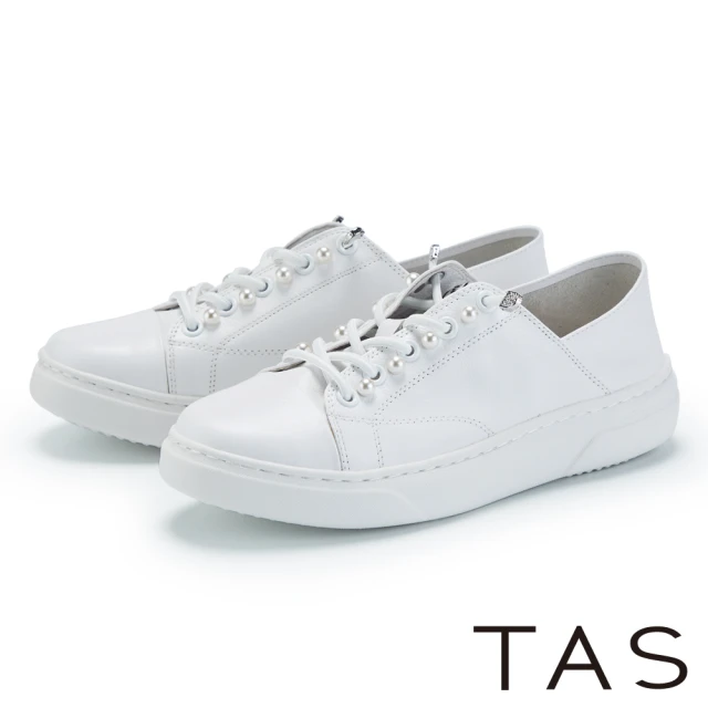 【TAS】牛皮免綁帶珍珠厚底休閒鞋(白色)