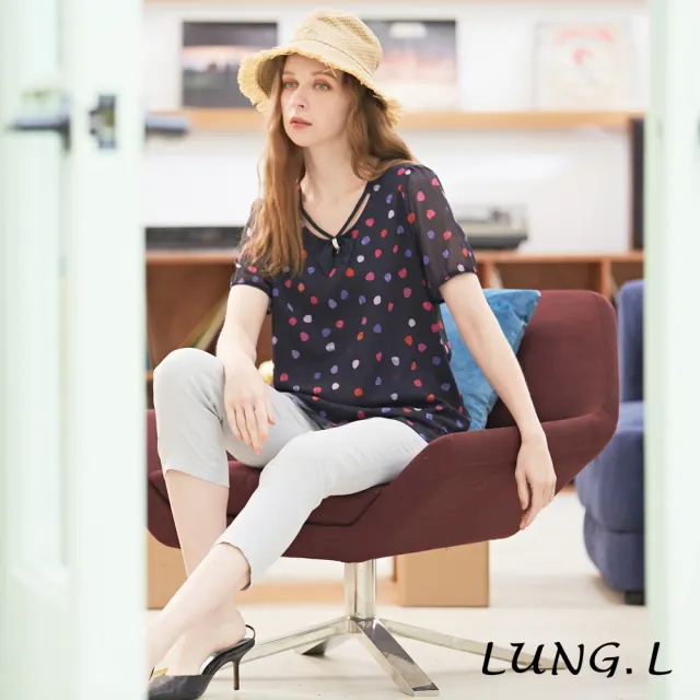 【LUNG.L 林佳樺】LP71A藍色彩色點點A-line長版短袖上衣(春夏新品 加大尺碼 女裝)