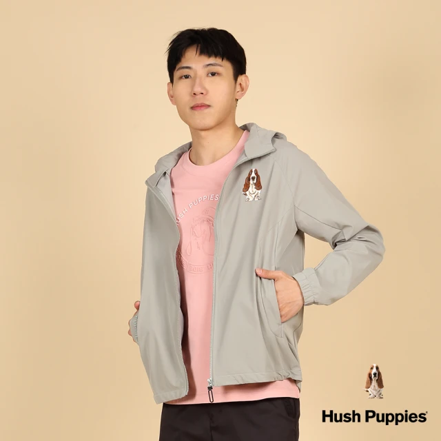 Hush Puppies 男裝 外套 機能連帽防風刺繡狗外套(灰綠 / 43117101)