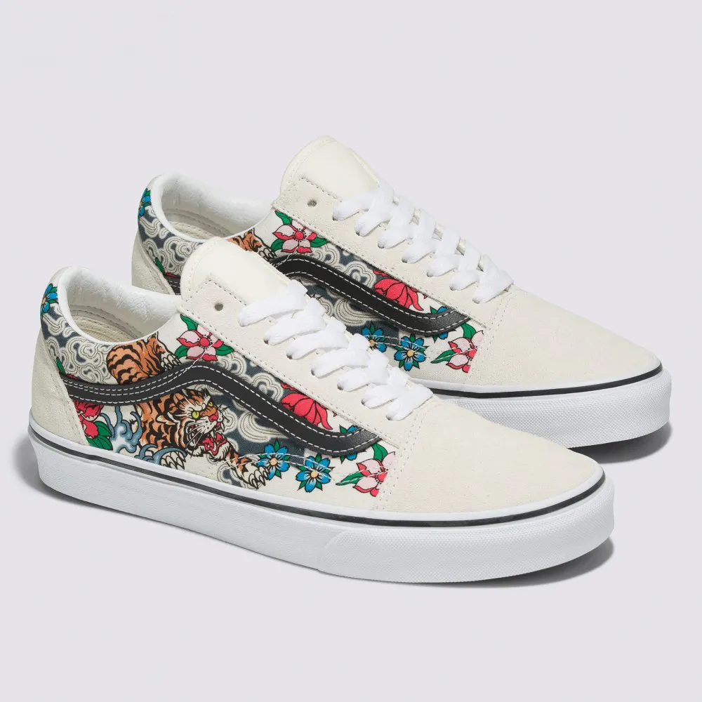 【VANS 官方旗艦】Old Skool 男女款米白色底老虎圖案滑板鞋/休閒鞋/帆布