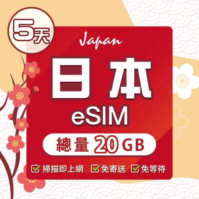 環亞電訊 eSIM日本5天總流量20GB(日本網卡 docomo 原生卡 日本 網卡 沖繩 大阪 北海道 東京 eSIM)