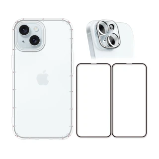 【RedMoon】APPLE iPhone15 6.1吋 手機殼貼4件組 空壓殼-9H玻璃保貼2入+3D全包鏡頭貼(i15)