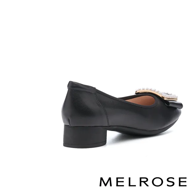 【MELROSE】美樂斯 雲朵後跟 高雅品味珍珠晶鑽釦全真皮方頭低跟鞋(黑)