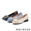 【MELROSE】美樂斯 雲朵後跟 高雅品味珍珠晶鑽釦丹寧布方頭低跟鞋(藍)