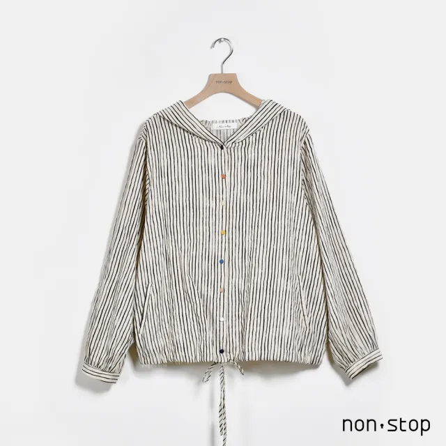 【non-stop】條紋彩釦連帽襯衫-2色
