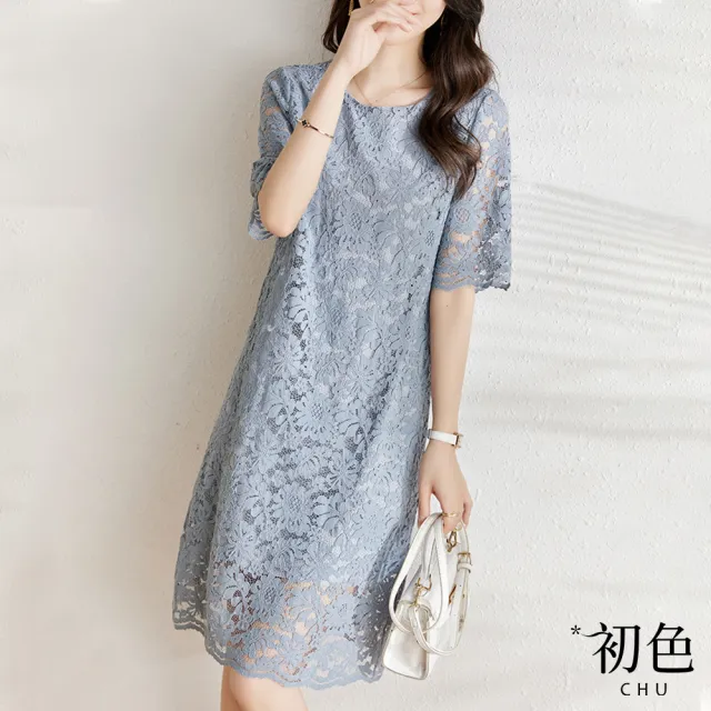 【初色】圓領蕾絲鏤空連衣裙短袖連身洋裝-藍色-69496(M-2XL可選)