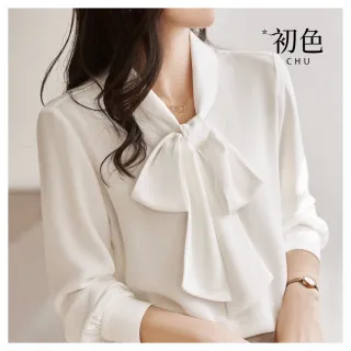 【初色】簡約文藝繫帶蝴蝶結長袖雪紡衫襯衫上衣女上衣-共2色-33397(M-XL可選)