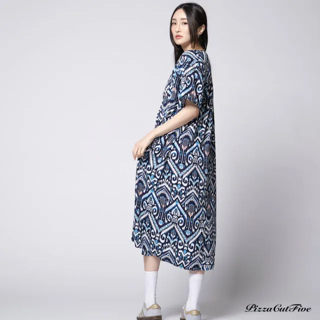 【PizzaCutFive】民族圖騰短袖傘狀洋裝(舒適 親膚 約會 碎花洋裝 涼感洋裝)