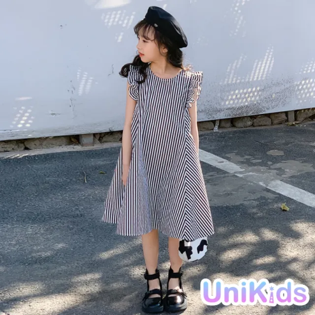 【UniKids】中大童裝飛袖洋裝 韓版條紋背心裙 女大童裝 VW23012(條紋)