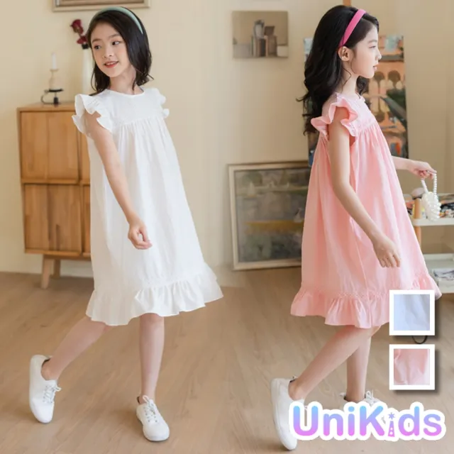 【UniKids】中大童裝飛袖洋裝 棉麻森系連身裙 女大童裝 VW19017(粉 白)