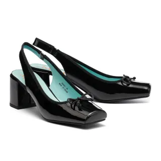 【MISS 21】嬌氣芭蕾蝴蝶結異材質拼接純色方頭後繫帶高跟鞋(黑)