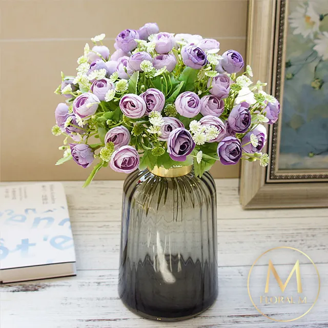 【Floral M】法式花園紫色圓葉小玫瑰花束仿真花花材 （1入組）(人造花/塑膠花/假花/裝飾花)