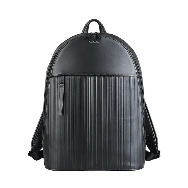 【Paul Smith】PAUL SMITH簽名銀箔LOGO小牛皮直條紋雙層拉鍊手提/後背包(黑)