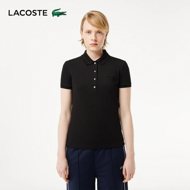 【LACOSTE】母親節首選女裝-修身彈性棉質網眼短袖Polo衫(黑色)