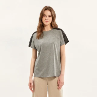 【Hang Ten】女裝-單面棉斜肩連袖蕾絲織條休閑短袖T恤(灰花紗)