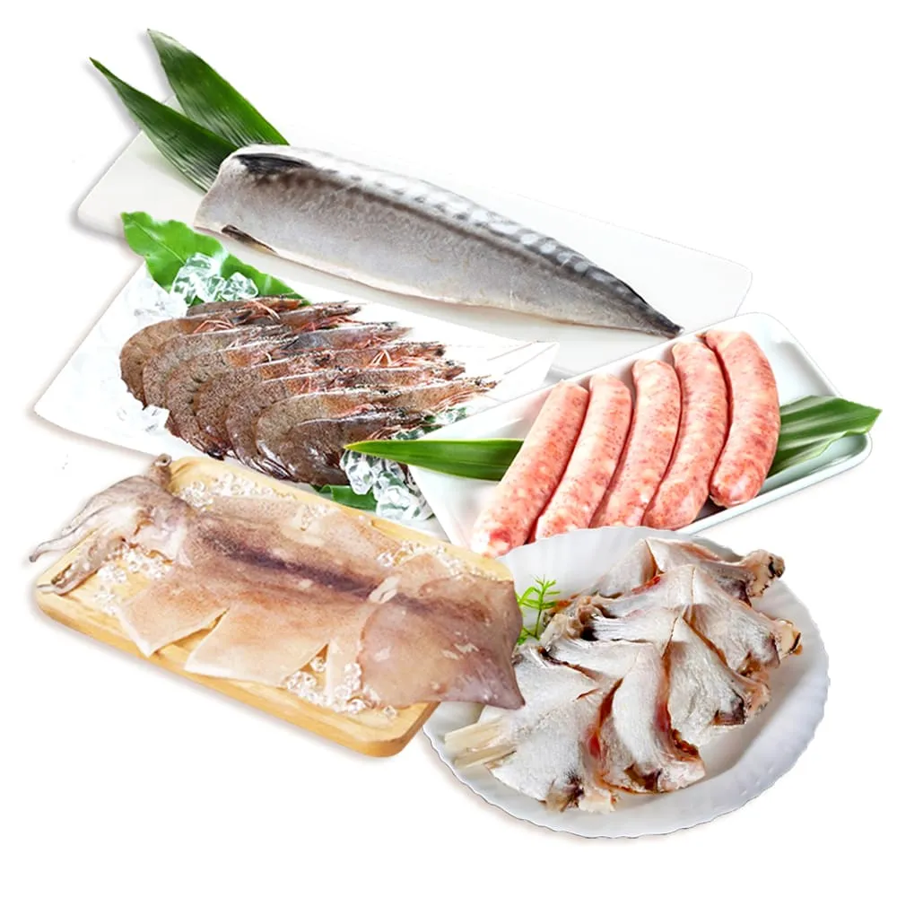 【戀戀蚵仔寮x真匯吃】露營烤肉鮮味組(薄鹽鯖魚片、飛魚卵香腸、魷魚無插串2入、大白蝦、金目鱸魚下巴)