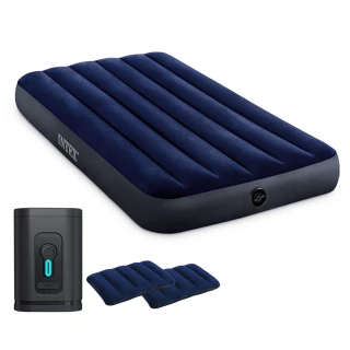 【INTEX】超值組合·單人加大充氣床+無線打氣機+枕頭 新款雙面充氣床墊(露營睡墊 充氣床墊 平行輸入)