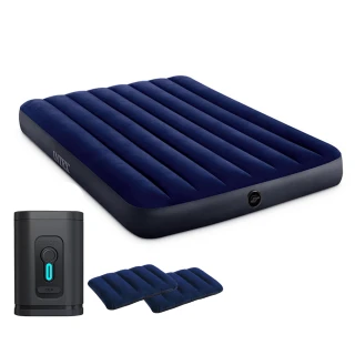 【INTEX】超值組合·經典雙人充氣床+無線打氣機+枕頭 新款雙面充氣床墊(露營睡墊 野營充氣床墊 平行輸入)