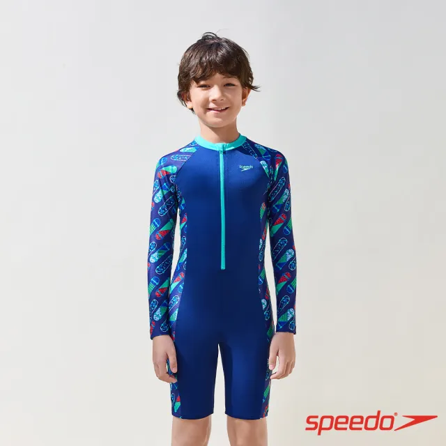 【SPEEDO】男孩 一件式長袖防曬裝Splash ＆ Learn(藍/滑板車)