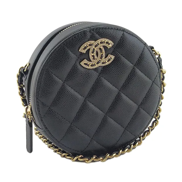 【CHANEL 香奈兒】黑色荔枝牛皮水鑽皮穿鍊雙C斜背圓餅包(展示品)